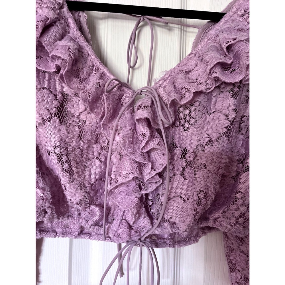 For Love & Lemons Lavender Floral Lace Ruffle Tie Front Crop Top Purple Medium - Picture 3 of 8